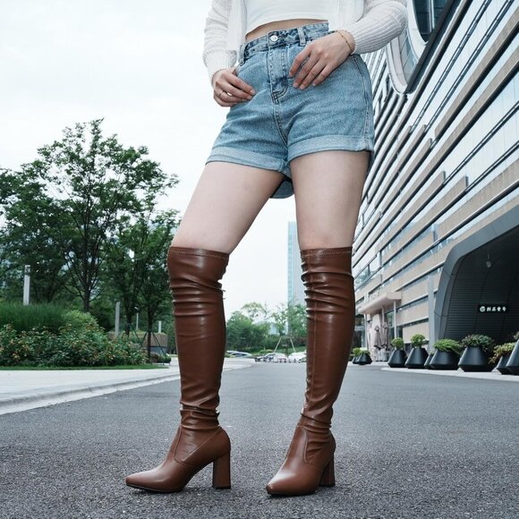 Women's Brown Comfort Thigh High Pointy-toe And High-heel Over The Knee Boots - Picture 2 of 5